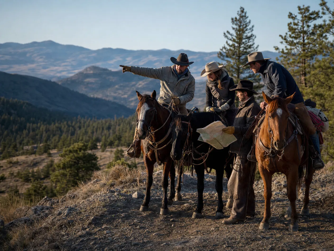 A horseback team on mountain terrain, representing resilient leadership in changing conditions