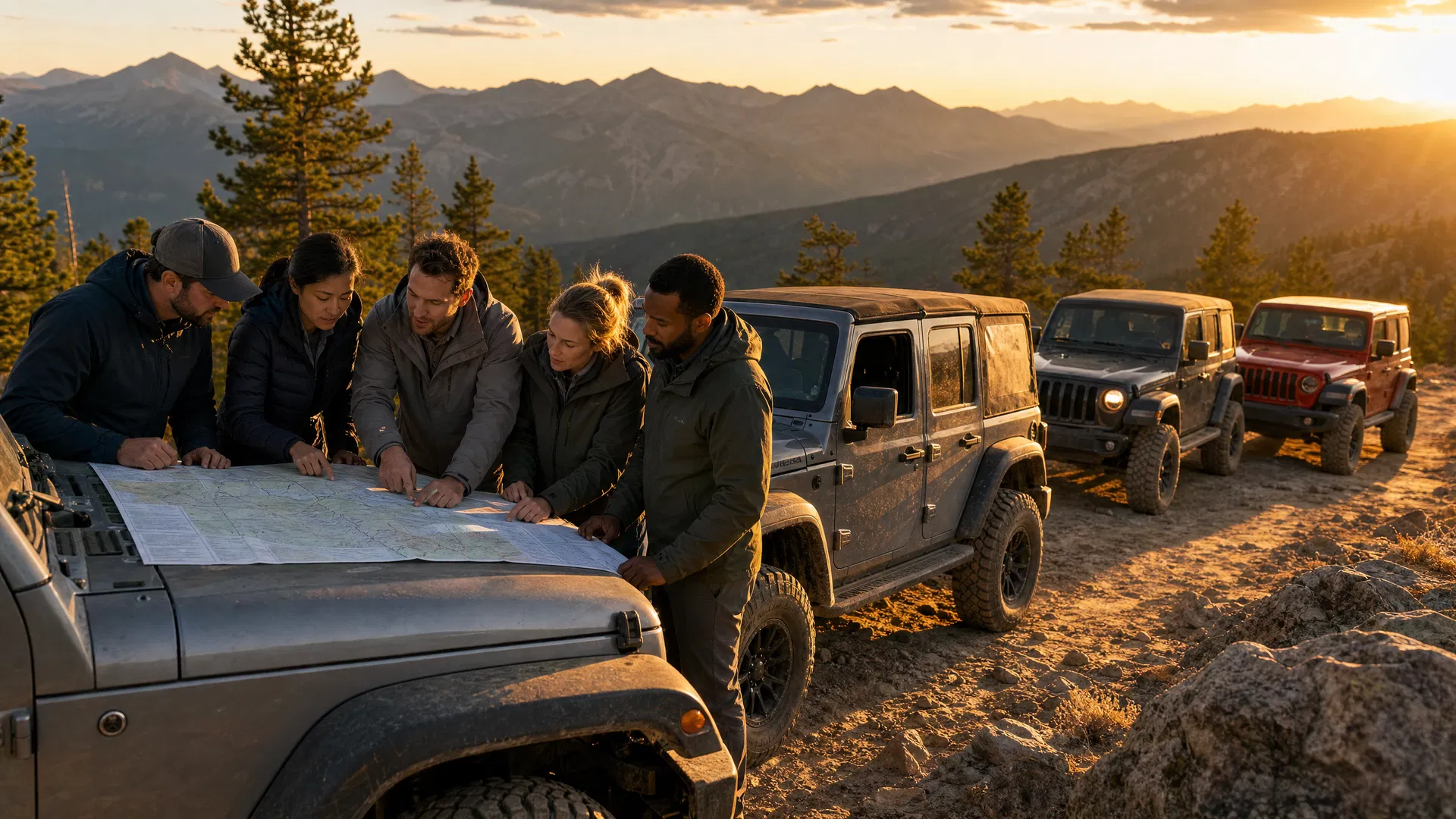 A group of off-road vehicles paused along a cliffside route, representing aligned teams and route planning